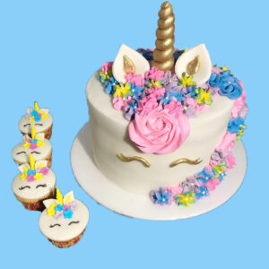 Torta personalizada de unicornio con cupcakes